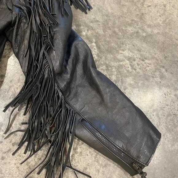 Black Leather Vintage Biker Jacket with Fringe and Rose Detail - Picture 8 of 13